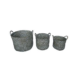 CJ DE CESTOS EM FIBRA VEGETAL TRANCADA MARROM E BRANCO 3PCS