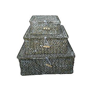 CJ DE CESTAS EM FIBRA VEGETAL MARROM E BRANCO 3PCS