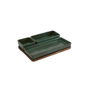 PETISQUEIRA EM MADEIRA E CERAMICA VERDE COM 3 BOWLS