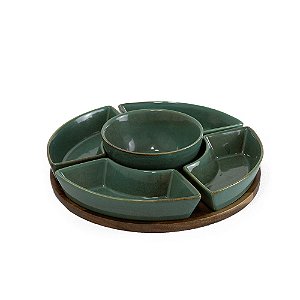 PETISQUEIRA EM MADEIRA E CERAMICA VERDE COM 5 BOWLS