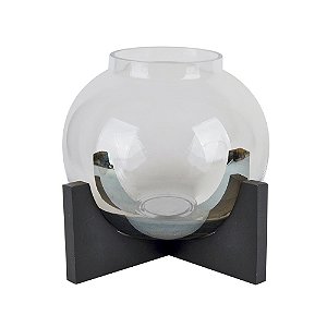 VASO DE VIDRO TRANSPARENTE COM BASE DE MADEIRA PRETA