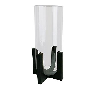 VASO DE VIDRO TRANSPARENTE COM BASE DE MADEIRA PRETA