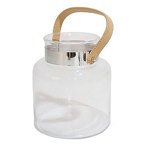 LANTERNA DECORATIVA CHINA VIDRO REDONDA COM ALÇA COURO D18CM X A24CM