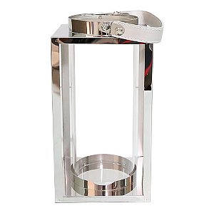 LANTERNA DECORATIVA CHINA ALUMINIO E VIDRO QUADRADA COM CILINDRO PRATA D14CM X A23CM