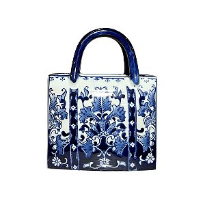 CACHEPOT BOLSA EM PORCELANA AZUL E BRANCA L18CM X A24CM