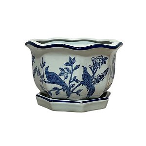 CACHEPOT PORCELANA AZUL E BRANCA BIRD GRANDE D21CM X A13CM