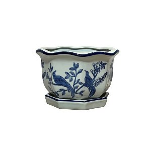 CACHEPOT PORCELANA AZUL E BRANCA BIRD MÉDIO D16CM X A12CM