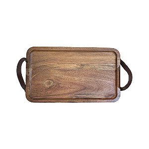 BANDEJA MADEIRA ALÇA EM COURO GRANDE 35CM