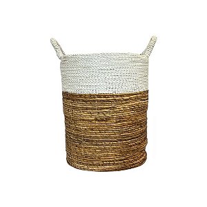 CESTO RATTAN BALI REDONDO BRANCO E NATURAL MIDDLE MÉDIO D36CM X A45CM