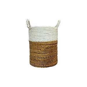 CESTO RATTAN BALI REDONDO BRANCO E NATURAL MIDDLE PEQUENO D33CM X A41CM