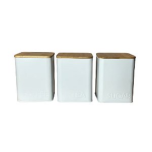 CONJUNTO COM 3 PORTA CONDIMENTOS COZY BRANCO EM METAL E MADEIRA D11CM X A14CM