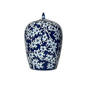 POTICHE IMPORTADO PORCELANA AZUL E BRANCA FLORA QING D30 X A22CM