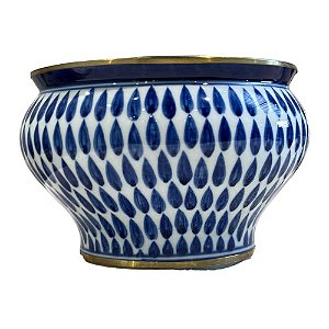 CACHEPOT EM PORCELANA AZUL E BRANCA GOLDEN THAI DROPS GRANDE D19CM X A13CM