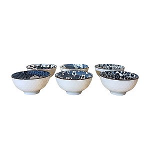 CONJUNTO BOWL EM PORCELANA AZUL E BRANCA BLUE FLOWERS 6 PEÇAS IMPORTADO D11CM X A06CM