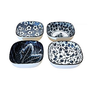 CONJUNTO BOWL QUADRADO EM PORCELANA AZUL E BRANCA 4 PEÇAS IMPORTADO D11CM X A04CM