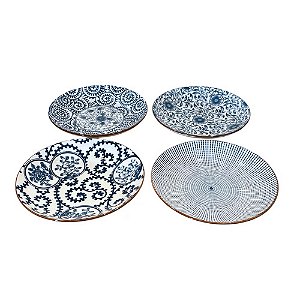 CONJUNTO PRATO EM PORCELANA AZUL E BRANCA ZHOU 4 PEÇAS IMPORTADO D17CM X A03CM