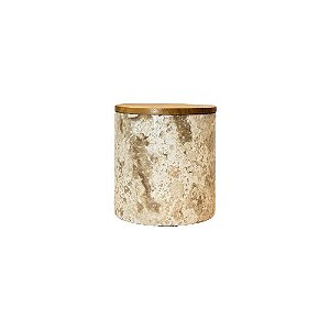 POTICHE EM MÁRMORE TRAVERTINO E MADEIRA TEKA D25CM X A27CM