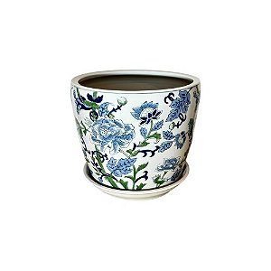 CACHEPOT PORCELANA AZUL BRANCA E VERDE WILD EDITION BOTANIC GRANDE D25CM X A23CM