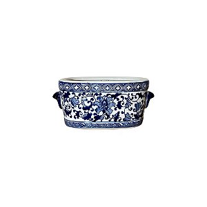 FLOREIRO EM PORCELANA IMPORTADO OVAL AZUL E BRANCO FLORIDO PEQUENO L25CM X A10CM X P15CM