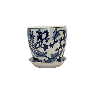 CACHEPOT PORCELANA AZUL E BRANCA FLOR DO ORIENTE PP D13CM X A12CM