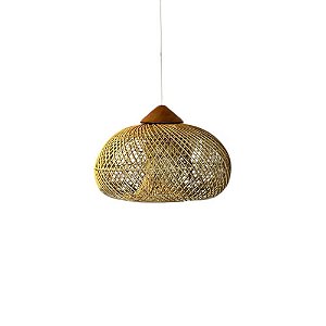 LUMINÁRIA PENDENTE FIBRA RATTAN E MADEIRA KAYU IMPORTADA ANGRA GRANDE D70CM X A50CM