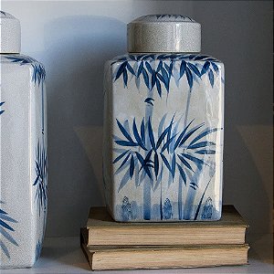 POTICHE IMPORTADO PORCELANA AZUL E BRANCA ALBERO PEQUENO D23CM X A38CM