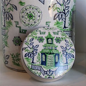 POTICHE IMPORTADO PORCELANA AZUL, BRANCO E VERDE ANTIQUE LUCUS GRANDE D23CM X A30CM