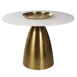 MESA EM METAL COM TAMPA EM PEDRA REDONDA DOURADO E BRANCO
