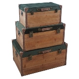CJ DE BAUS DE MADEIRA E TECIDO MARROM COM DETALHE VERDE|3PCS