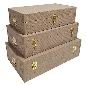 CJ DE BAÚS EM MADEIRA E METAL BEGE E DOURADO 3PCS