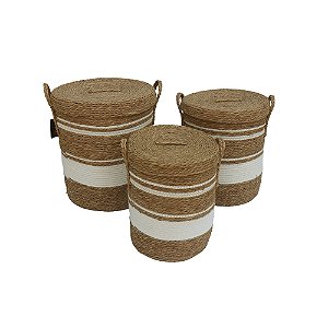 CJ DE CESTOS COM TAMPA EM FIBRA VEGETAL TRANÇADA NATURAL E BRANCO 3PCS