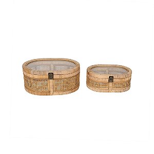 CJ CAIXAS DECORATIVAS EM RATTAN VIDRO E MADEIRA NATURAL 2PCS