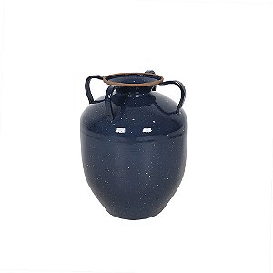 VASO DECORATIVO EM METAL COM ALCA AZUL COM DETALHE BEGE
