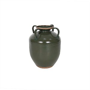 VASO DECORATIVO EM METAL COM ALCA VERDE COM DETALHE BEGE