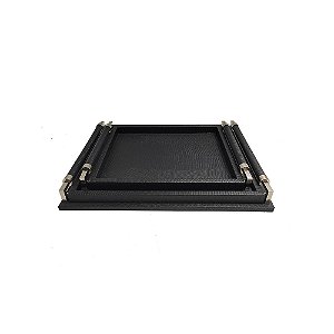 CJ DE BANDEJAS EM COURO SINTETICO PRETO E ALCA PRATA 2PCS