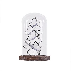 PECA DECORATIVA BORBOLETAS PAPEL BRANCA CUPULA VIDRO TRANSP BASE MADEIRA