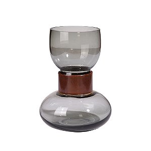 VASO DECORTAIVO EM VIDRO FUME COM DETALHE CENTRAL EM METAL BRONZE