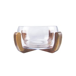 BOLW EM VIDRO TRANSPARENTE COM BASE EM MADEIRA