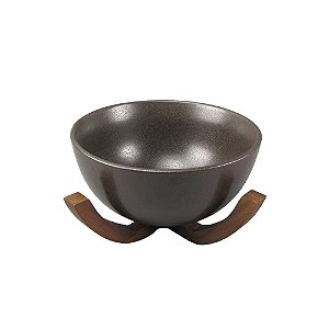 BOWL EM CERAMICA MARROM BASE EM MADEIRA