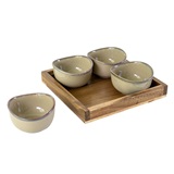 SET DE PORTA APERITIVOS DE CERAMICA BEGE E BASE DE MADEIRA - 4 PCS