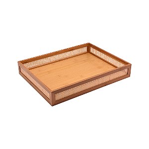 BANDEJA EM MADEIRA NATURAL COM DETALHE EM TELA