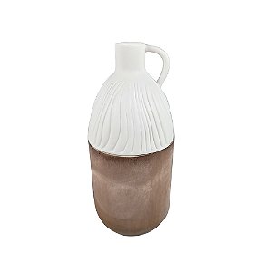 VASO DECORATIVO COM ALCA EM MADEIRA E CERAMICA BRANCO