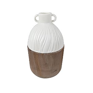 VASO DECORATIVO COM ALCA EM MADEIRA E CERAMICA BRANCO