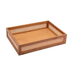 BANDEJA EM MADEIRA NATURAL COM DETALHE EM TELA