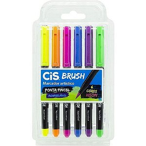 Caneta Cis Brush Pen Neon Ponta Pincel Aquarelável Com 6 Cores