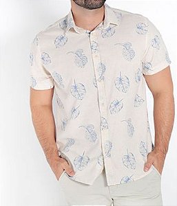 CAMISA MANGA CURTA REGULAR VISCOSE FOLHAS BRANCO/AZUL