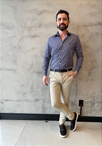 Camisa Social Masculina Manga Longa Slim Fit Xadrez Bugatti Marinho/branco