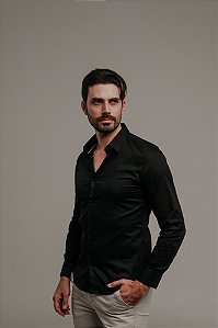 Camisa Super Slim Basica Com Elastano Preta