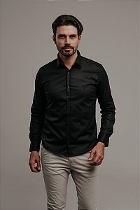 Camisa Manga Longa Slim Fit Basica Preta