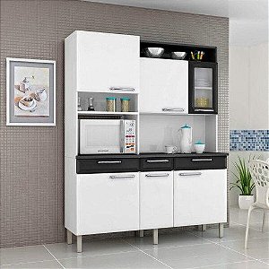 Kit Cozinha 6 Portas - 1 de Vidro - 3 Gavetas - Regina - Branco & Preto - ITATIAIA